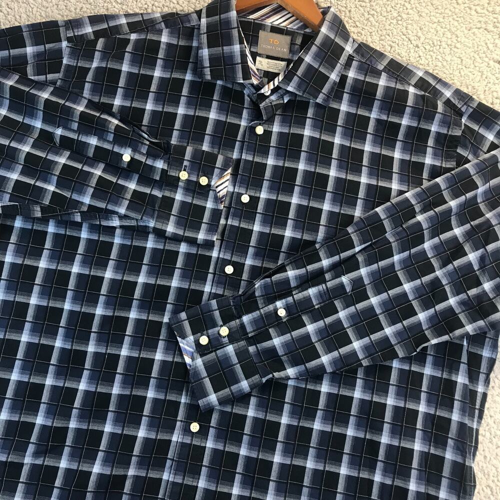 Thomas Dean Mens Long Sleeve Shirt Shirtmaker's 2XL Flip Cuff Dark Blue Plaid